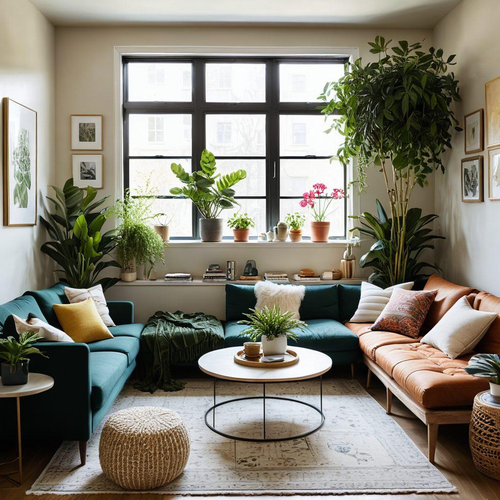 A beautifully styled living room showcasing various home enhancement strategies: bright plants, modern furniture arrangements, wall art, and clever storage solutions. The setting is bathed in natural light, highlighting textures and colors. Include a small table with renovation tools and a mood board in the corner. super-realistic. vibrant colors. cozy atmosphere.